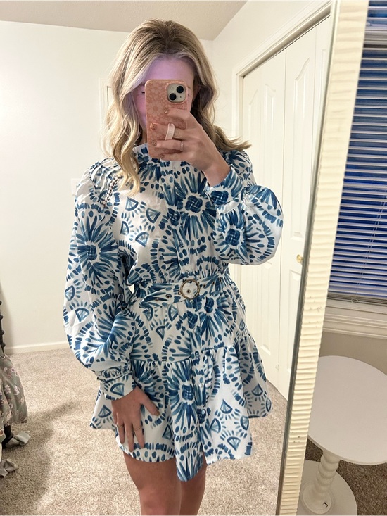 Avenue Dresses & Skirts - Avenue Blue and White Floral Tie-Dye Belted Mini Dress